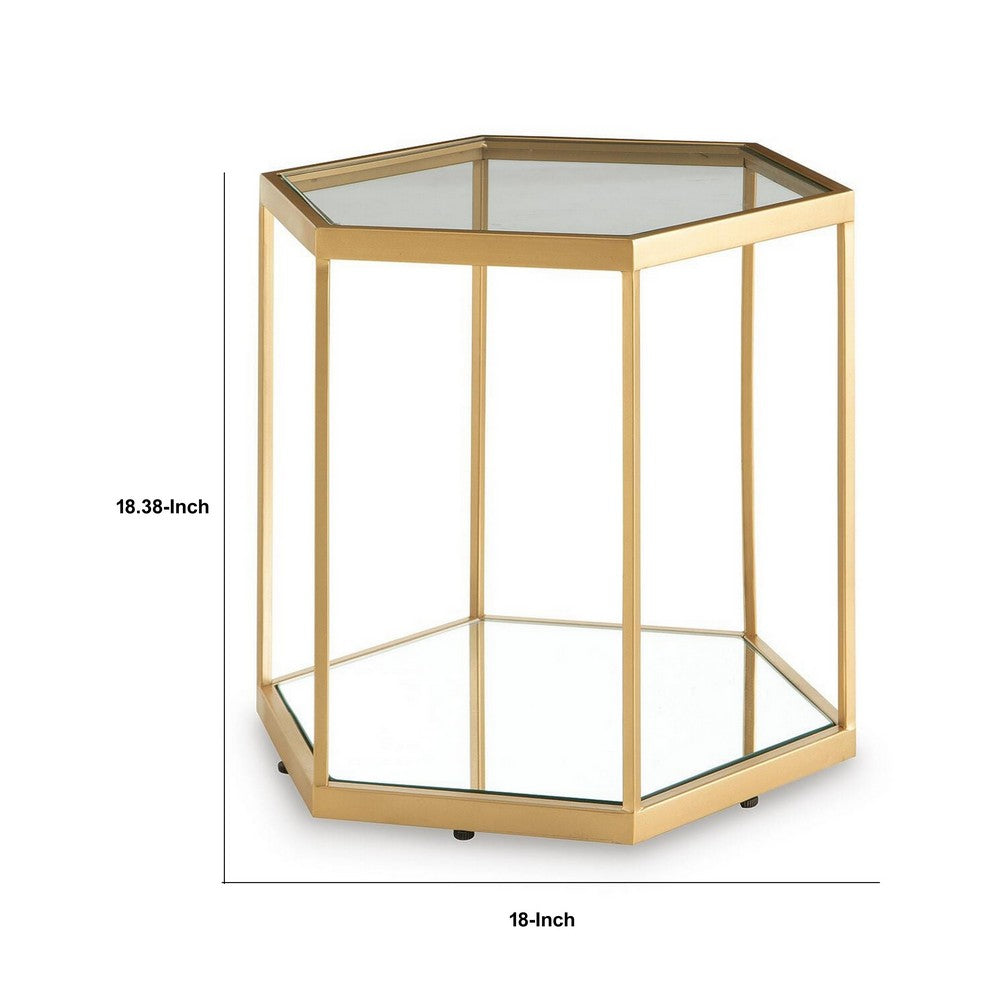 Veryl Accent Cocktail Table with Glass Top | Gold Hexagonal Metal Frame 18"