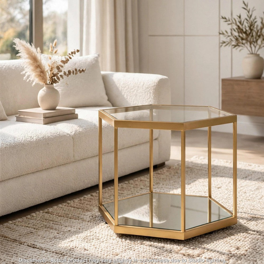 Veryl Accent Cocktail Table with Glass Top | Gold Hexagonal Metal Frame 18"