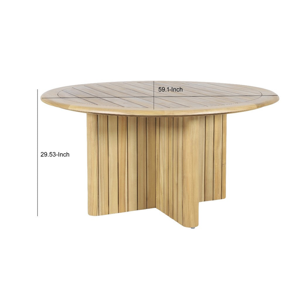 Seno Outdoor Round Dining Table | Slatted Design | Natural Brown 59"