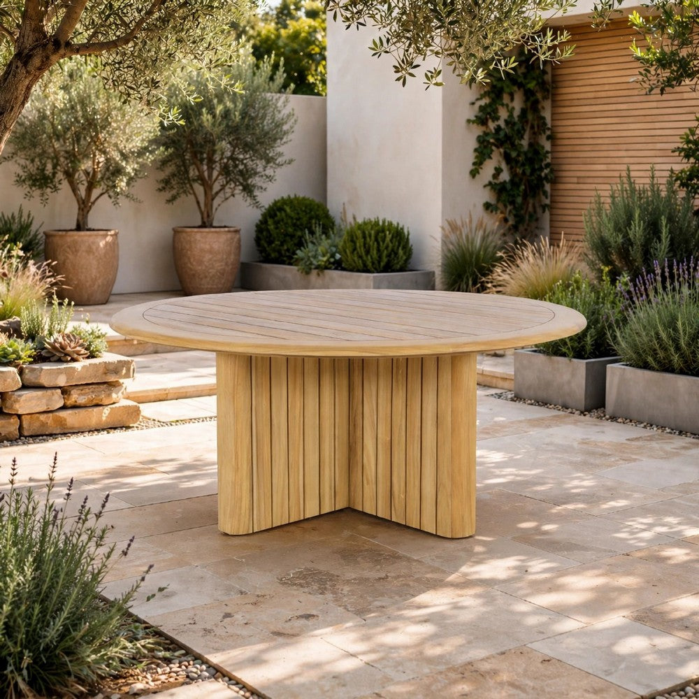 Seno Outdoor Round Dining Table | Slatted Design | Natural Brown 59"