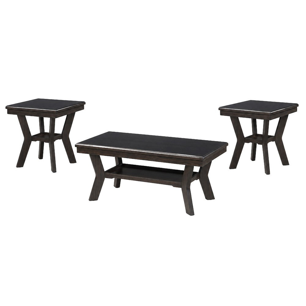 Gary 3pc Coffee Table & End Table Set | Open Shelf | Chevron Top | Brown