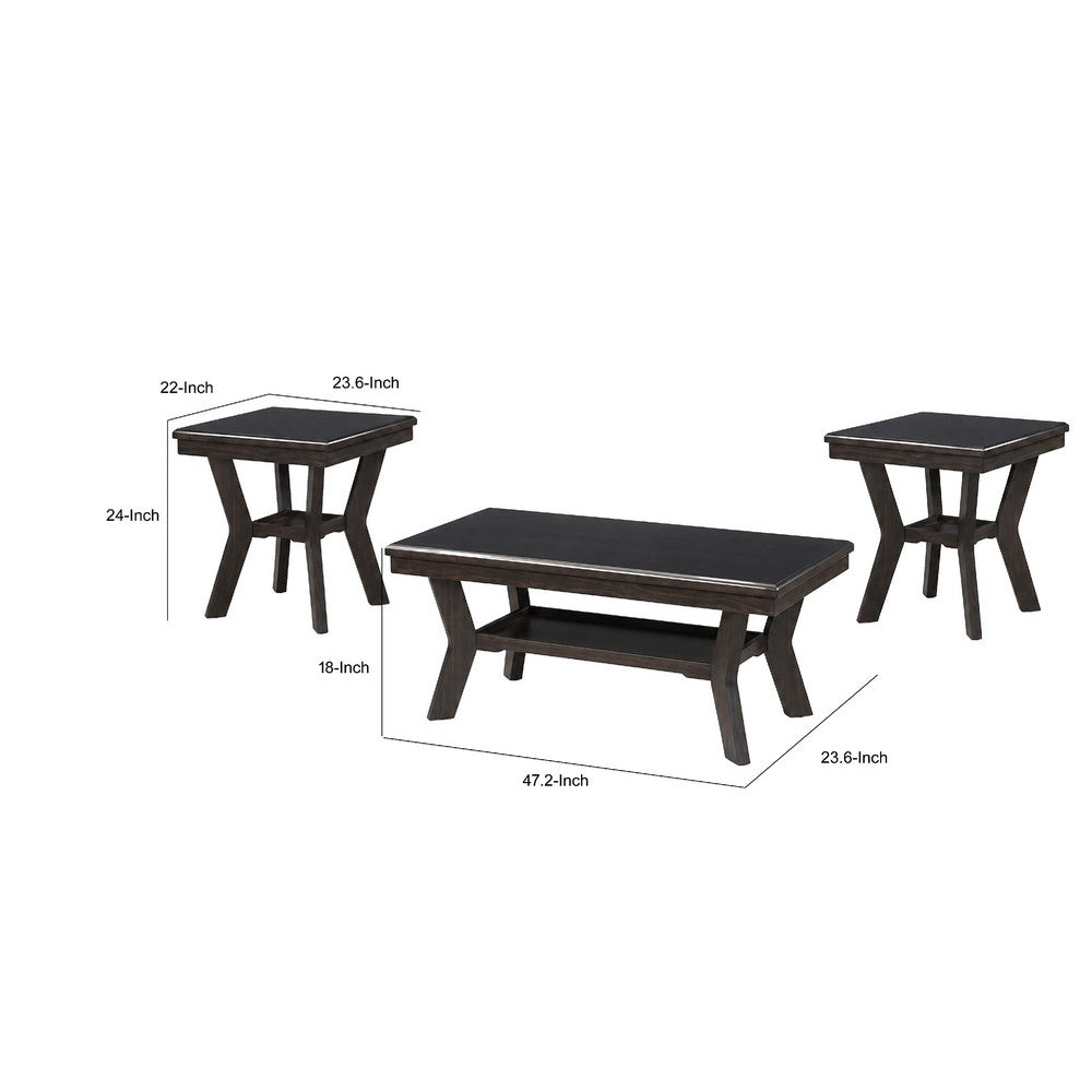 Gary 3pc Coffee Table & End Table Set | Open Shelf | Chevron Top | Brown