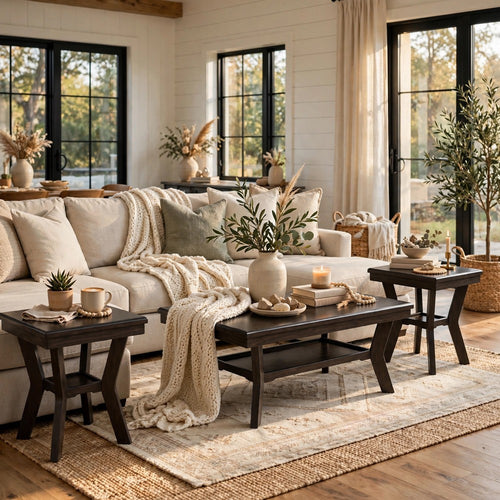 Gary 3pc Coffee Table & End Table Set | Open Shelf | Chevron Top | Brown