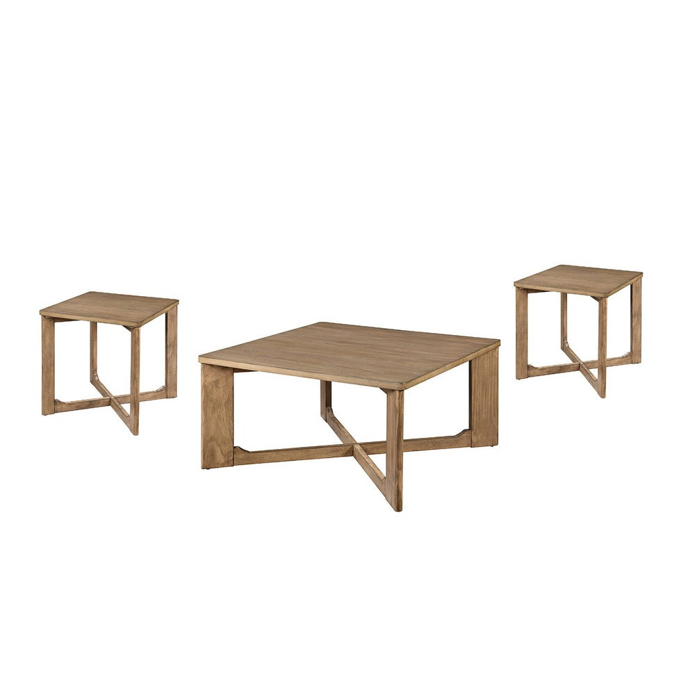 Sewy 3pc Coffee Table & End Table Set | Square Top | Crisscross Base | Brown