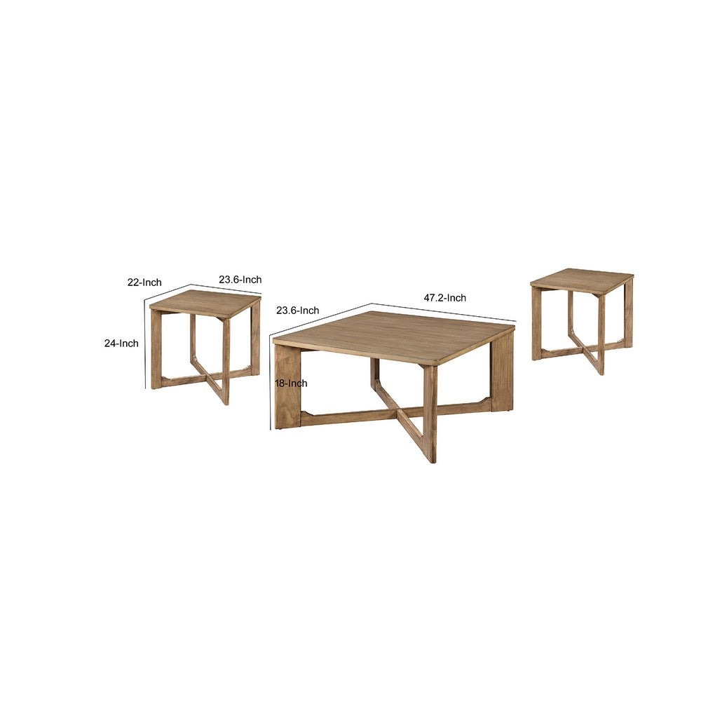 Sewy 3pc Coffee Table & End Table Set | Square Top | Crisscross Base | Brown