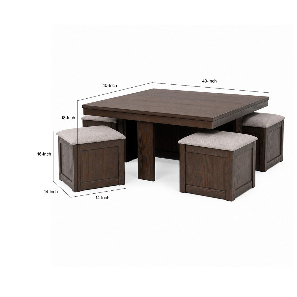 Pax 5pc Coffee Table w 4 Storage Ottoman | Gray Polyester Seat | Brown Wood