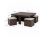Pax 5pc Coffee Table w 4 Storage Ottoman | Gray Polyester Seat | Brown Wood