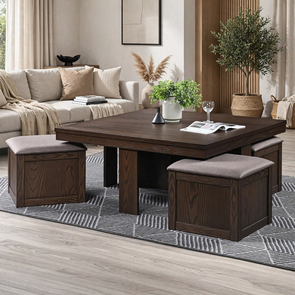 Pax 5pc Coffee Table w 4 Storage Ottoman | Gray Polyester Seat | Brown Wood