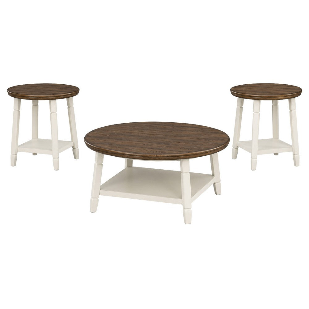 Ethy 3pc Round Coffee Table & End Table Set | Lower Shelf | Brown & White