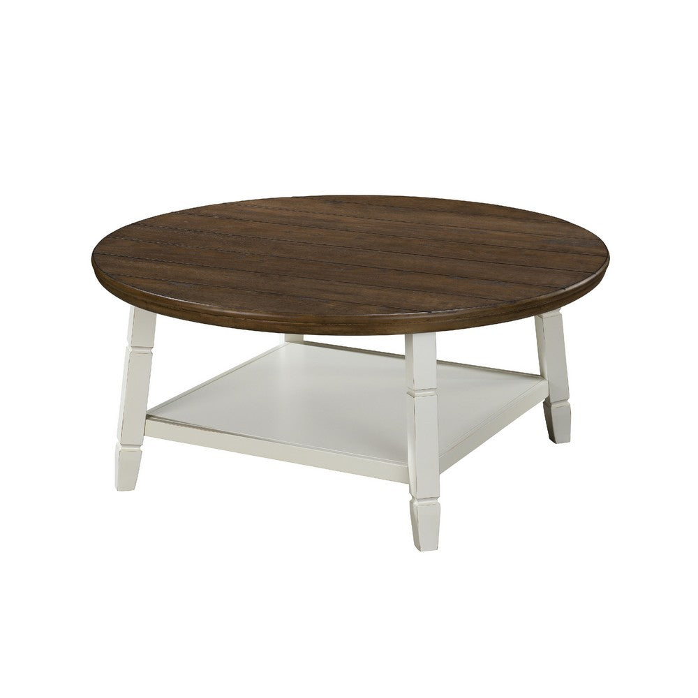 Ethy 3pc Round Coffee Table & End Table Set | Lower Shelf | Brown & White