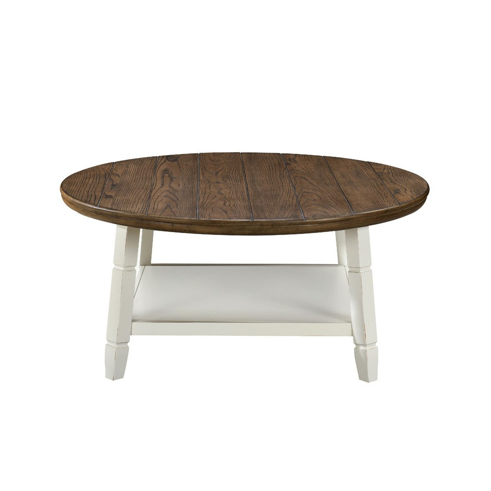 Ethy 3pc Round Coffee Table & End Table Set | Lower Shelf | Brown & White