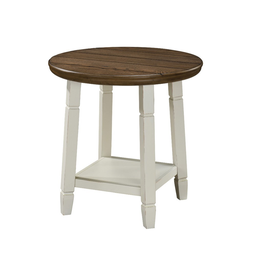 Ethy 3pc Round Coffee Table & End Table Set | Lower Shelf | Brown & White