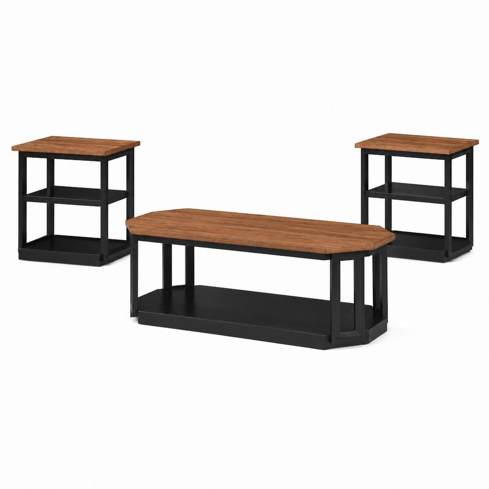 Dany 3pc Coffee Table & End Table | Lower Shelf | Brown Top & Black Base
