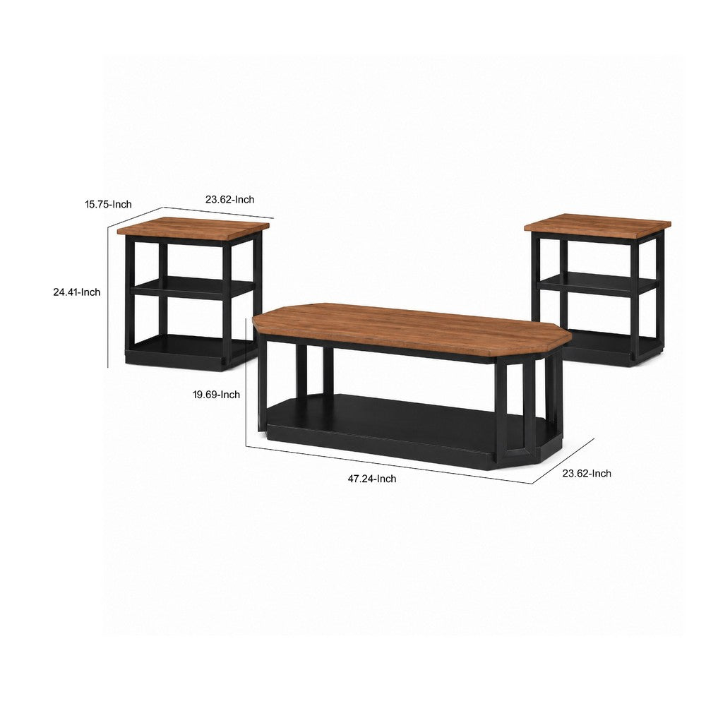 Dany 3pc Coffee Table & End Table | Lower Shelf | Brown Top & Black Base