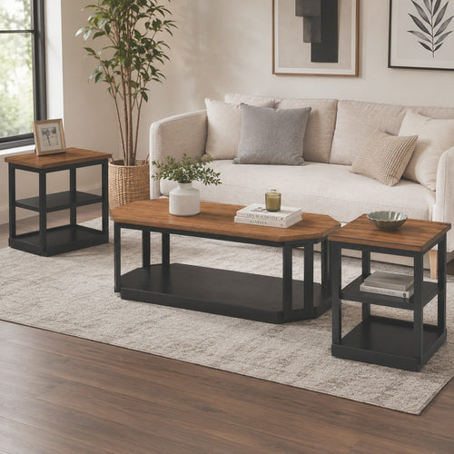 Dany 3pc Coffee Table & End Table | Lower Shelf | Brown Top & Black Base