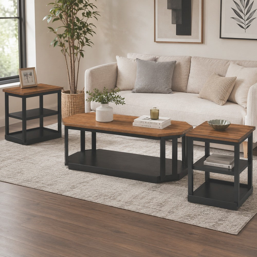 Dany 3pc Coffee Table & End Table | Lower Shelf | Brown Top & Black Base
