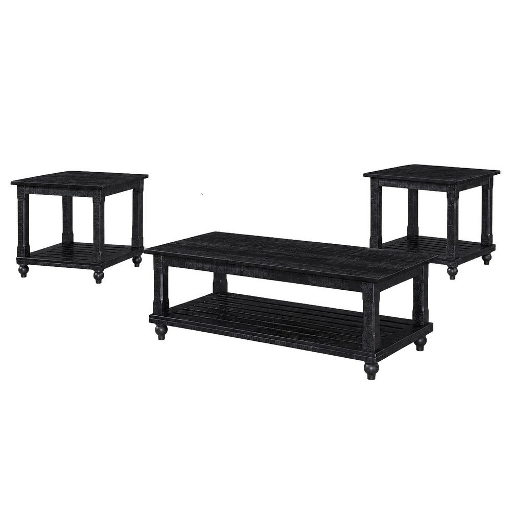 Jade 3pc Coffee Table & End Table | Slatted Shelf | Distress Black Bun Legs