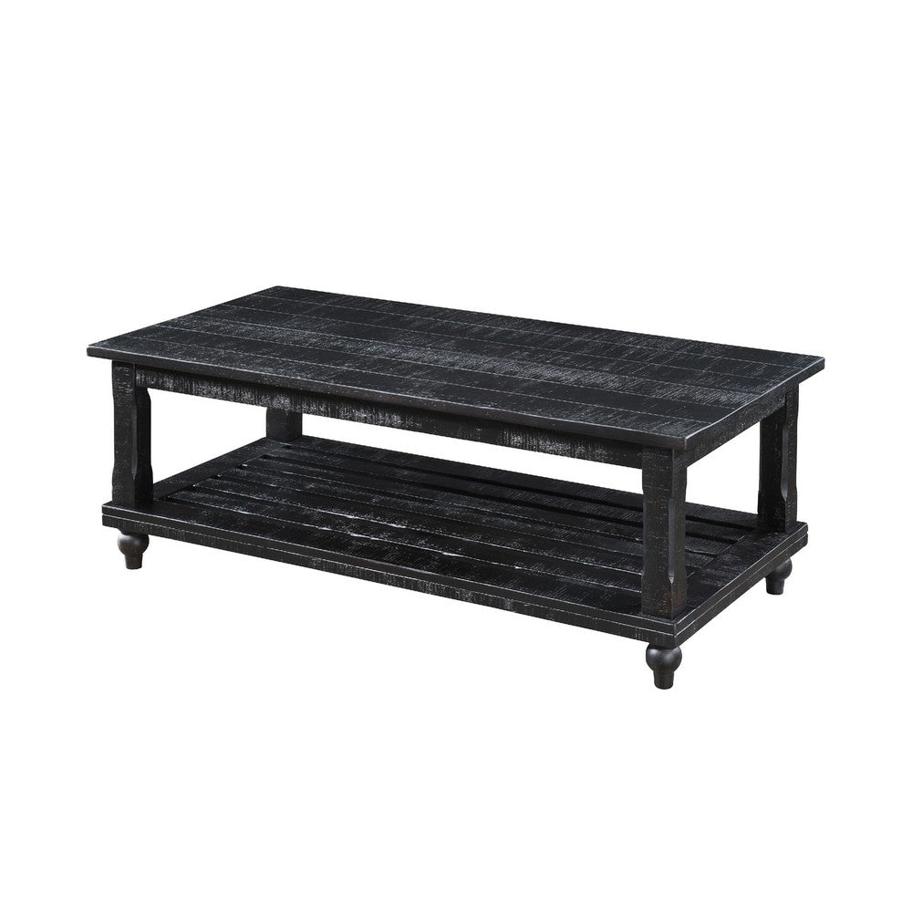 Jade 3pc Coffee Table & End Table | Slatted Shelf | Distress Black Bun Legs