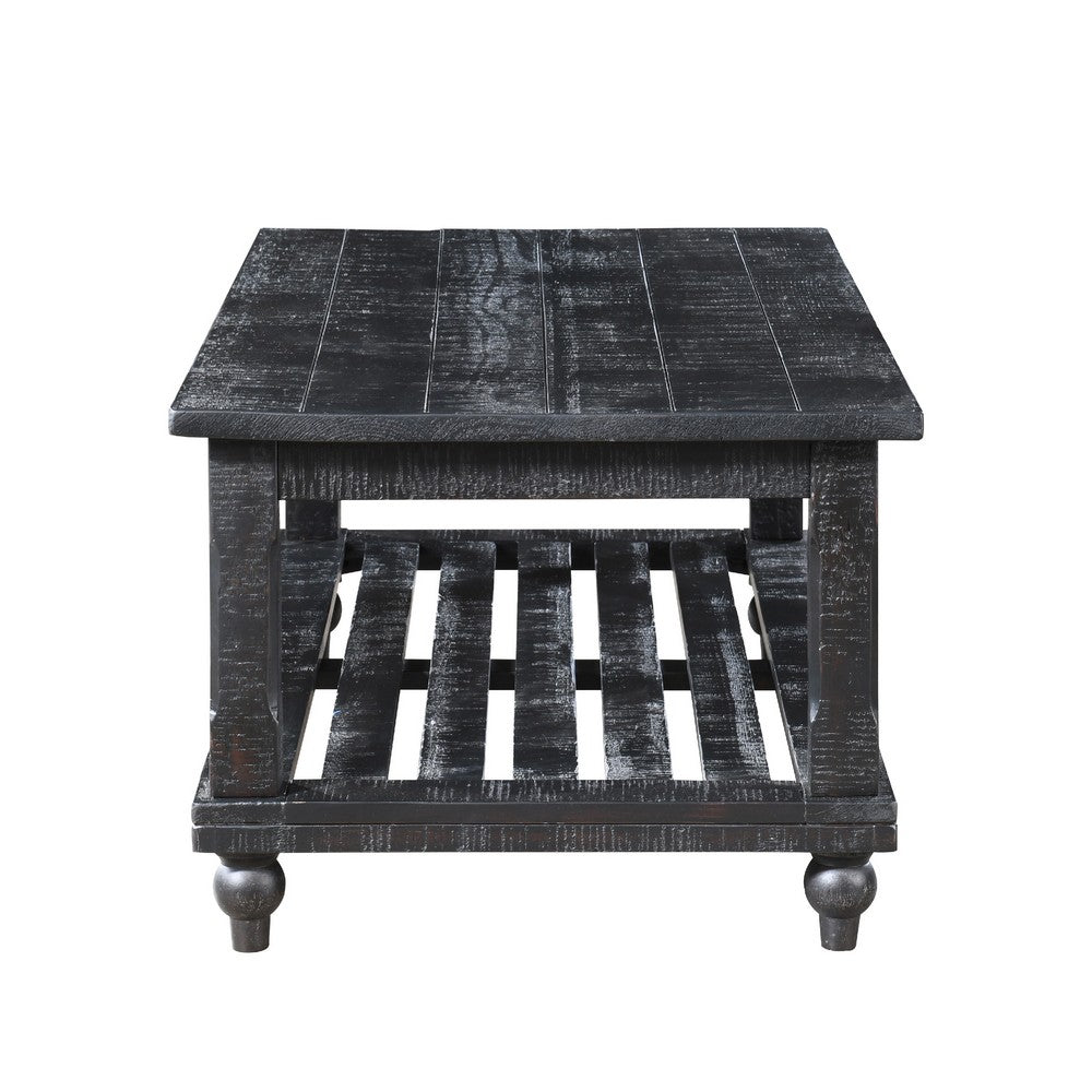 Jade 3pc Coffee Table & End Table | Slatted Shelf | Distress Black Bun Legs