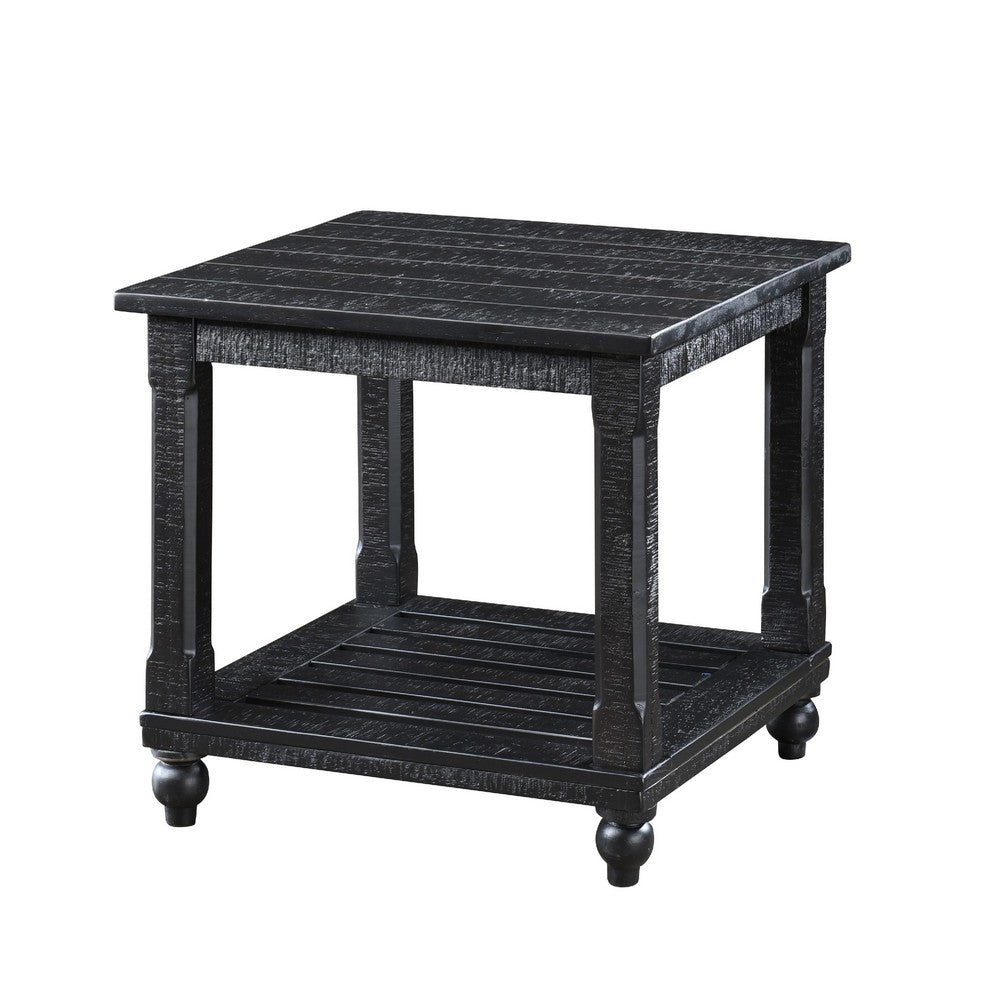 Jade 3pc Coffee Table & End Table | Slatted Shelf | Distress Black Bun Legs