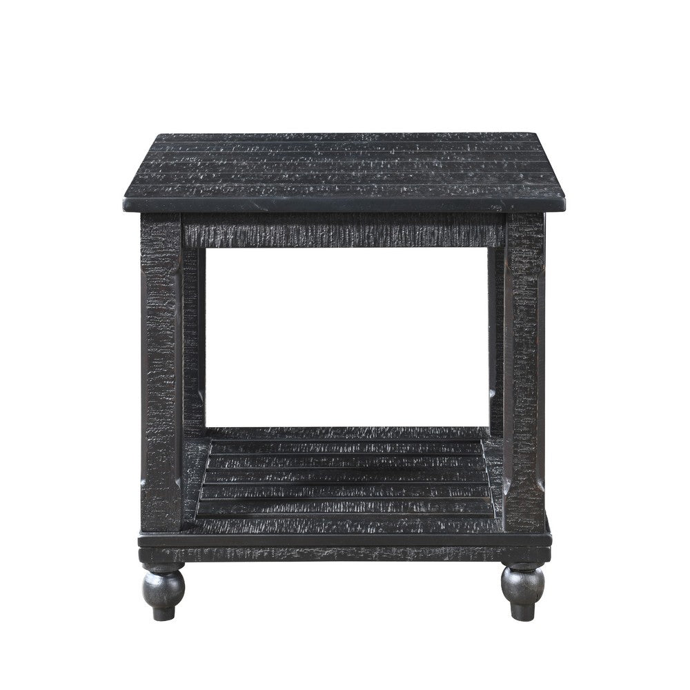 Jade 3pc Coffee Table & End Table | Slatted Shelf | Distress Black Bun Legs