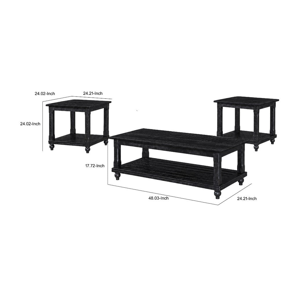 Jade 3pc Coffee Table & End Table | Slatted Shelf | Distress Black Bun Legs