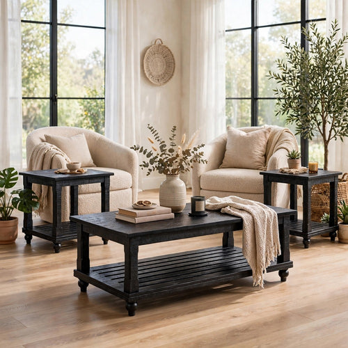 Jade 3pc Coffee Table & End Table | Slatted Shelf | Distress Black Bun Legs