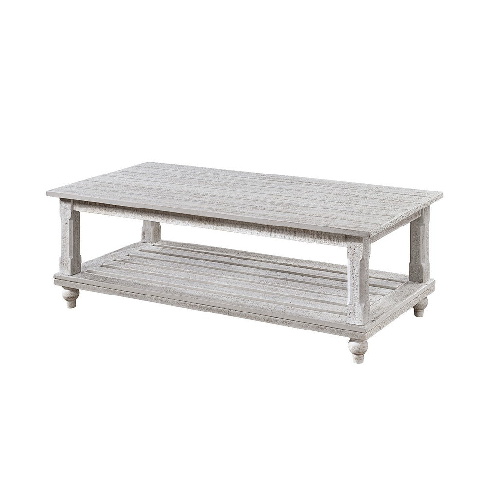 Jade 3pc Coffee Table & End Table | Slatted Shelf | Distress White Bun Legs