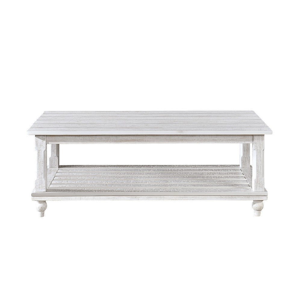 Jade 3pc Coffee Table & End Table | Slatted Shelf | Distress White Bun Legs