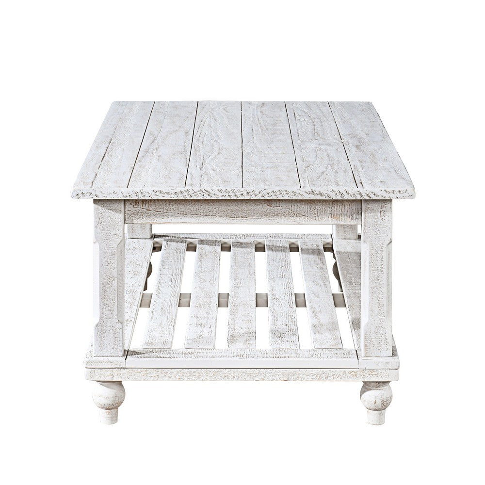 Jade 3pc Coffee Table & End Table | Slatted Shelf | Distress White Bun Legs