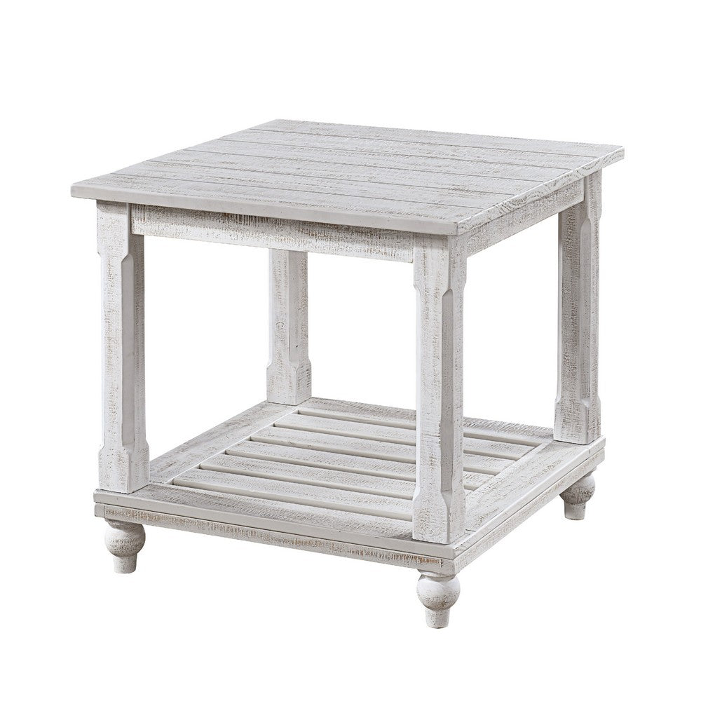 Jade 3pc Coffee Table & End Table | Slatted Shelf | Distress White Bun Legs