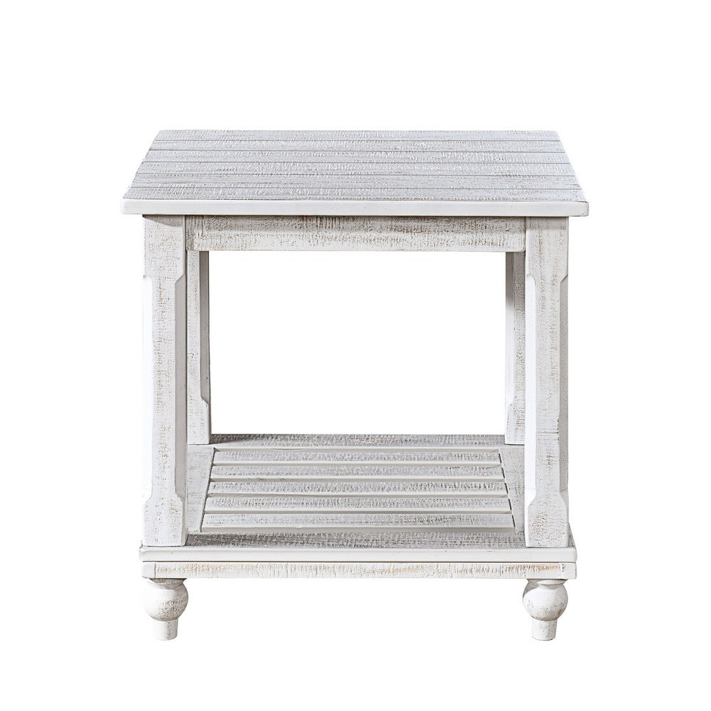 Jade 3pc Coffee Table & End Table | Slatted Shelf | Distress White Bun Legs
