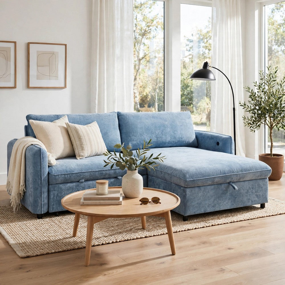 Fina Loveseat w Pop Up Sleeper | Storage Chaise | Foam Fill Blue Polyester
