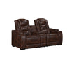 Choi Power Recliner Loveseat | Storage Arms & Console | Brown Faux Leather