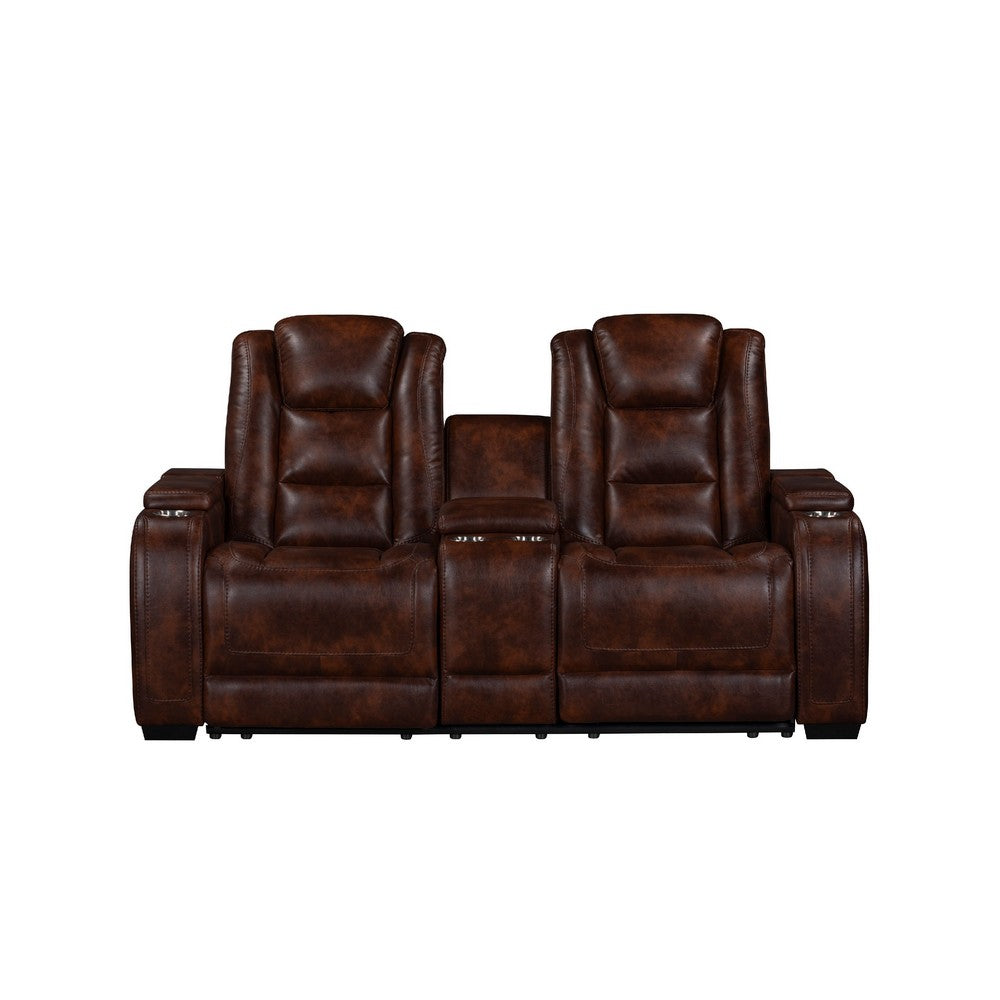 Choi Power Recliner Loveseat | Storage Arms & Console | Brown Faux Leather