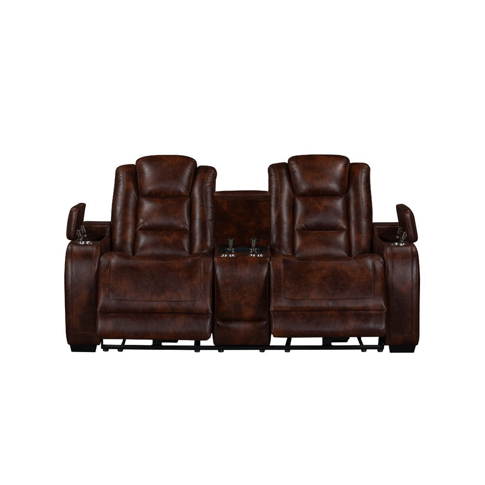 Choi Power Recliner Loveseat | Storage Arms & Console | Brown Faux Leather
