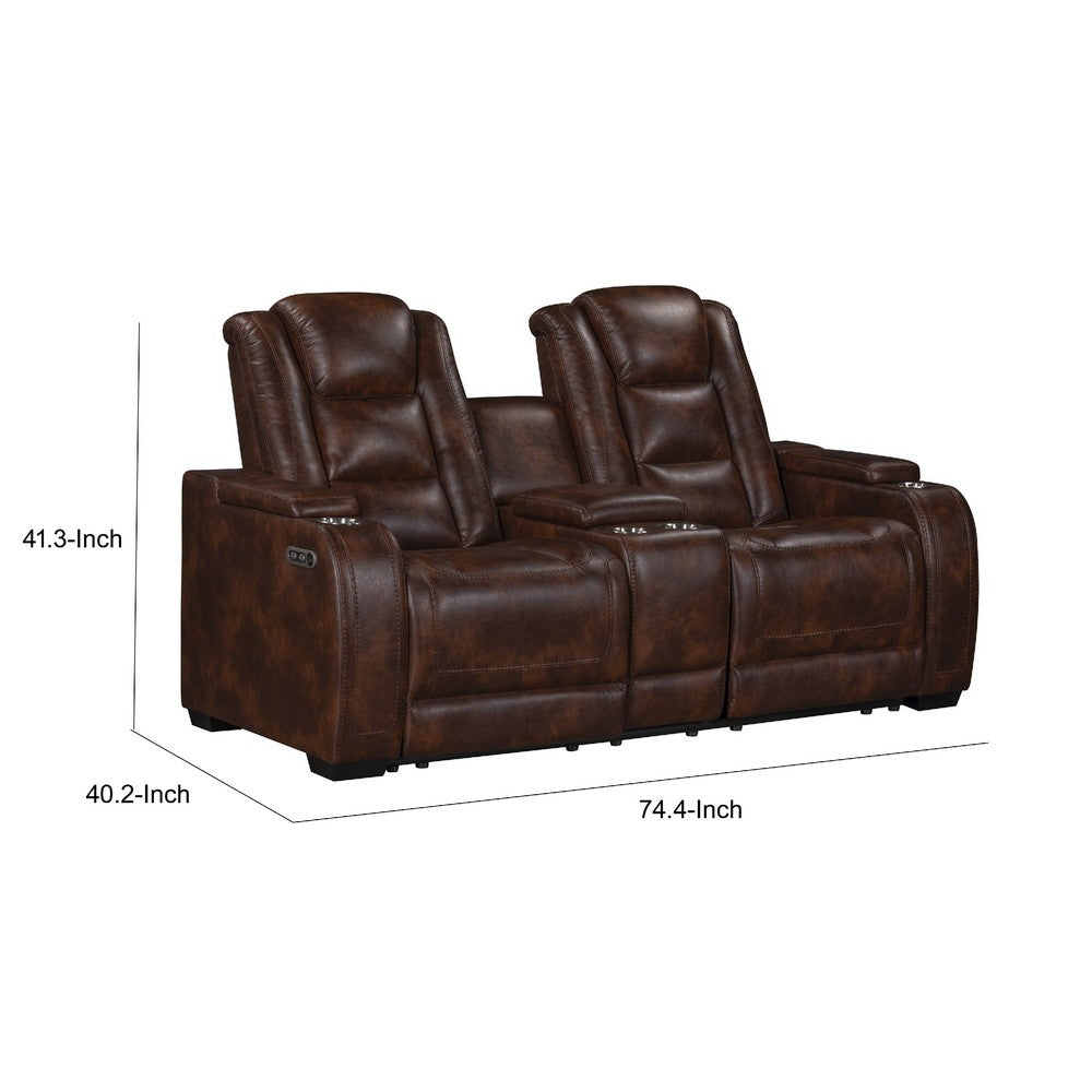 Choi Power Recliner Loveseat | Storage Arms & Console | Brown Faux Leather