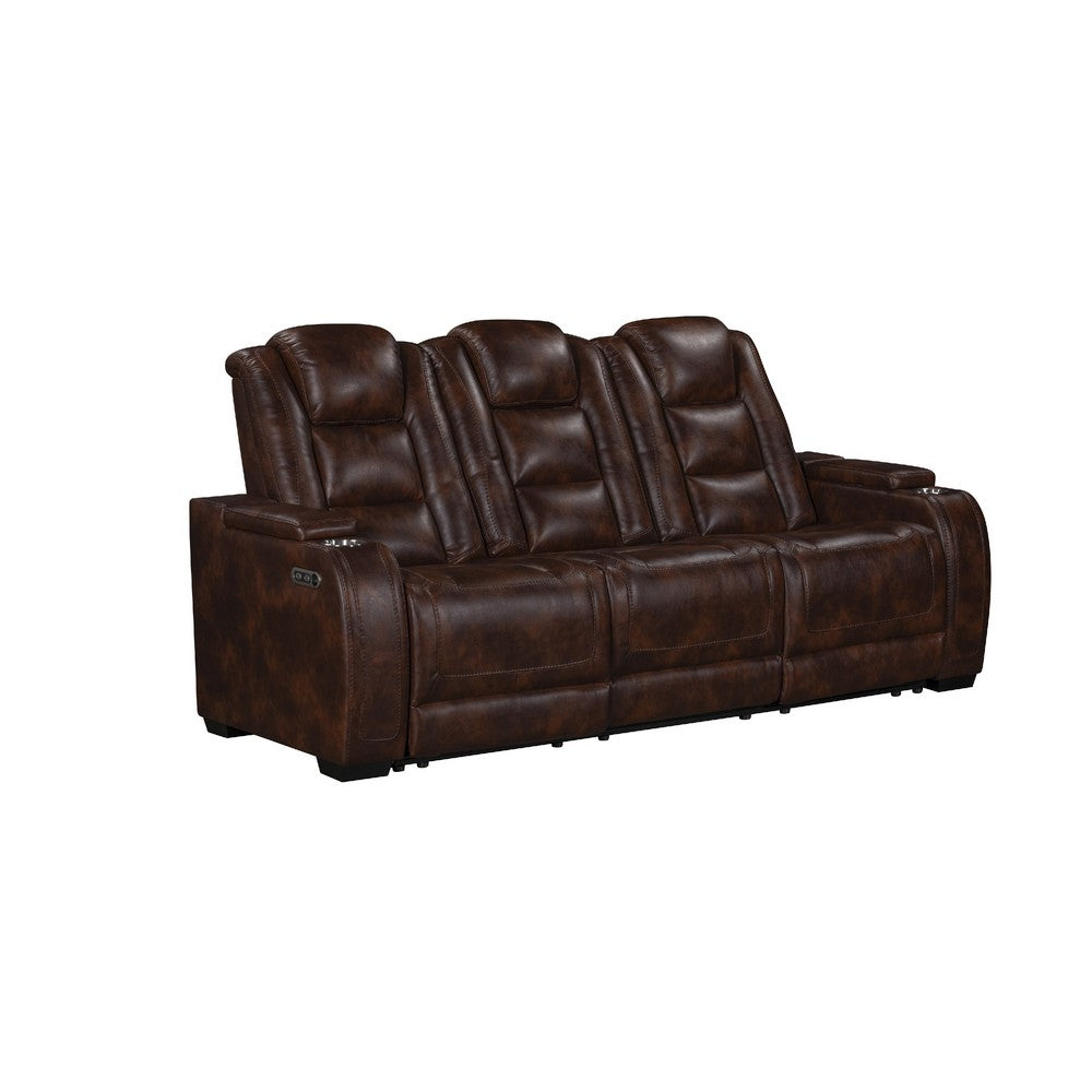 Choi Power Recliner Sofa | Storage Arms | Drop Down Table | Brown Faux Leather