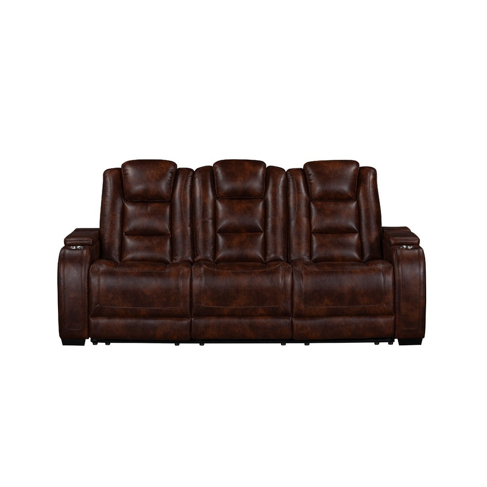 Choi Power Recliner Sofa | Storage Arms | Drop Down Table | Brown Faux Leather