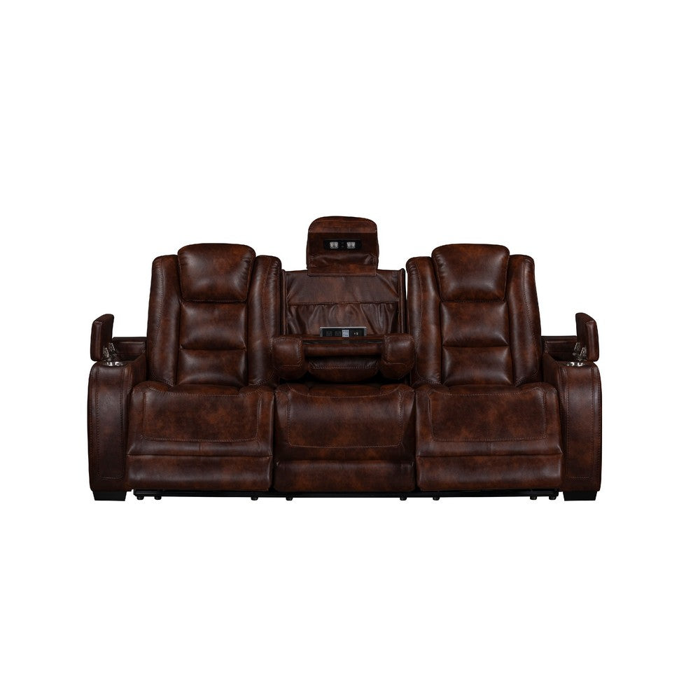 Choi Power Recliner Sofa | Storage Arms | Drop Down Table | Brown Faux Leather