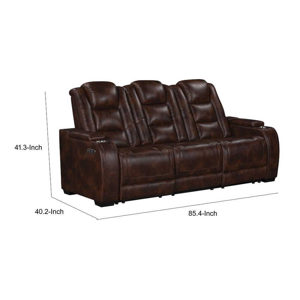 Choi Power Recliner Sofa | Storage Arms | Drop Down Table | Brown Faux Leather
