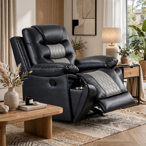 Asher Manual Glider Recliner w Cupholders | Black & Gray Faux Leather