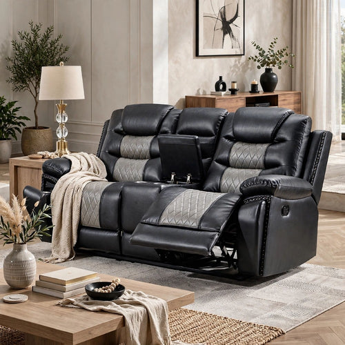 Asher Lovseat w Dual Manual Recliners | Console | Cupholders | Black & Gray