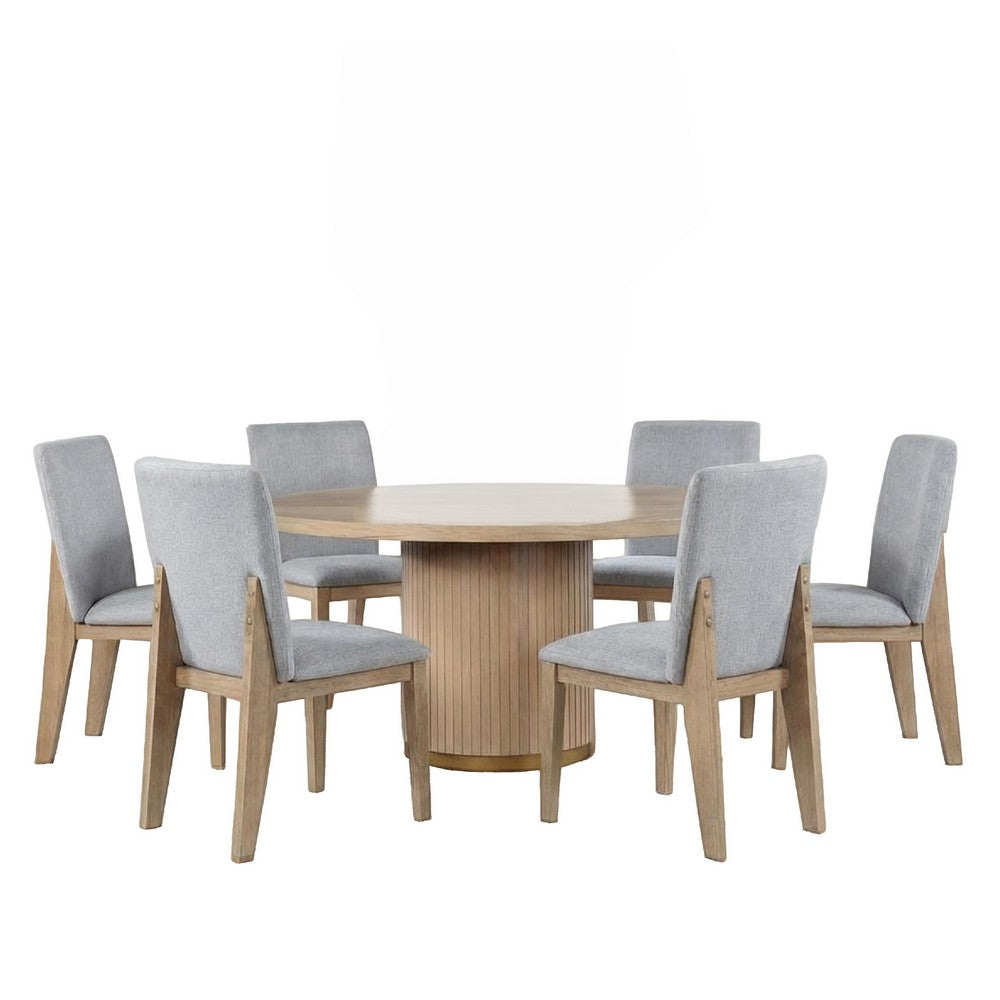 Emi 7Pc Round Dining Table Set | Oak Brown Pedestal Base | Gray Linen