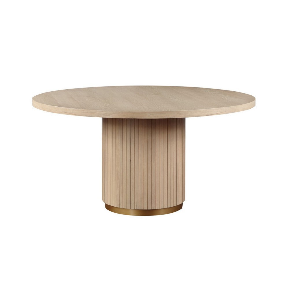 Emi 7Pc Round Dining Table Set | Oak Brown Pedestal Base | Gray Linen