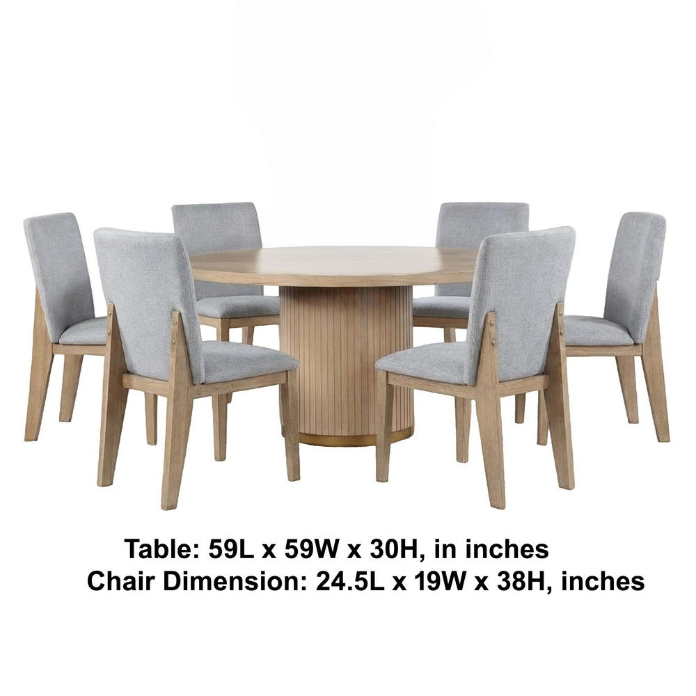 Emi 7Pc Round Dining Table Set | Oak Brown Pedestal Base | Gray Linen
