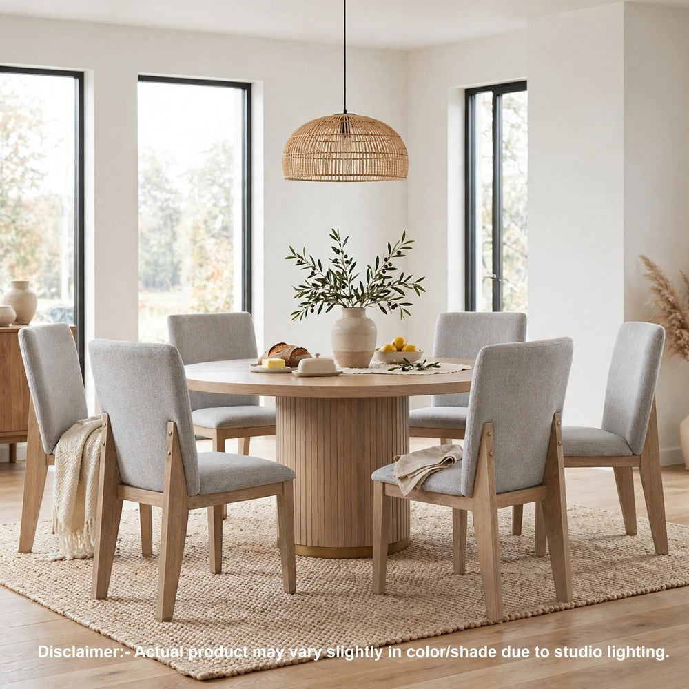 Emi 7Pc Round Dining Table Set | Oak Brown Pedestal Base | Gray Linen