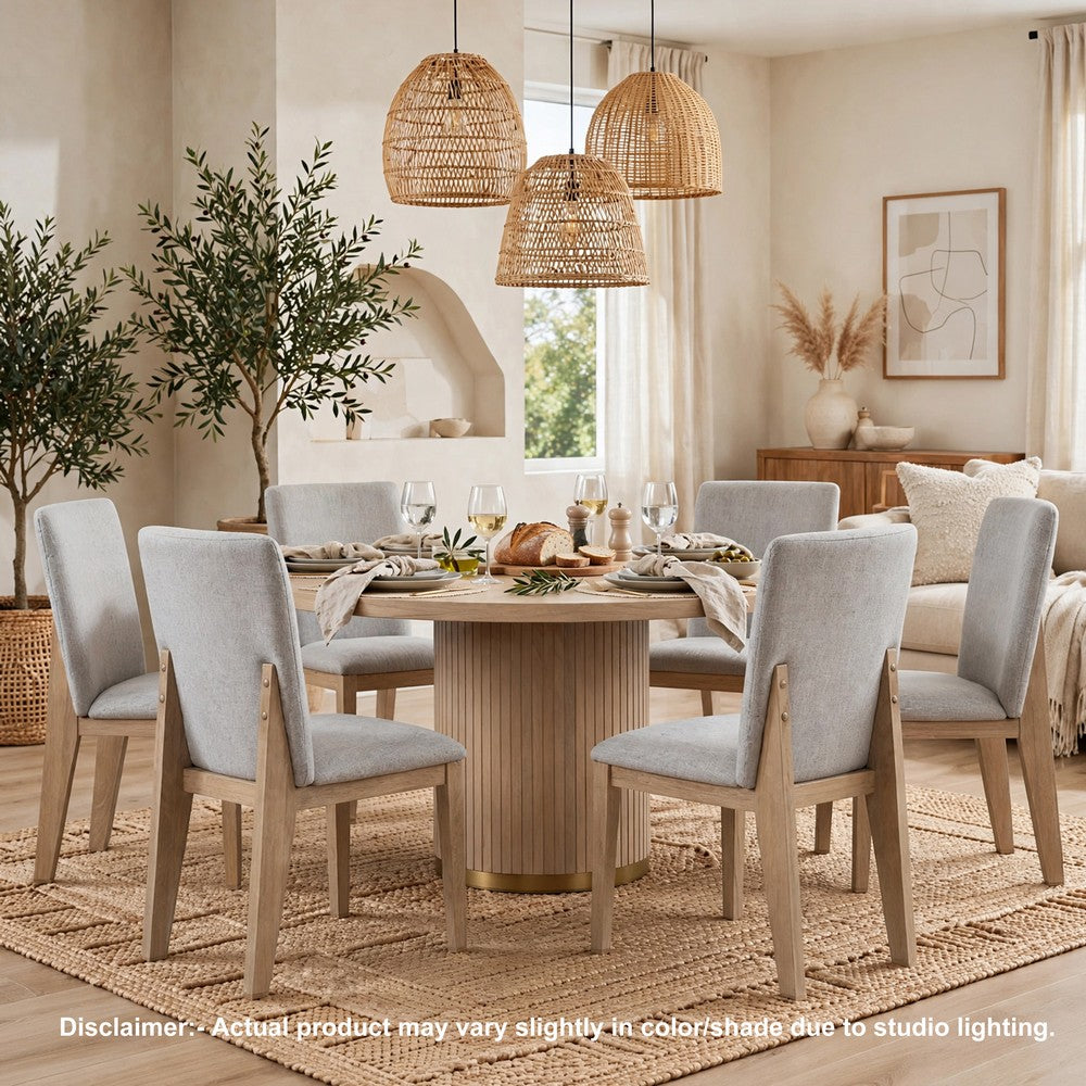 Emi 7Pc Round Dining Table Set | Oak Brown Pedestal Base | Gray Linen