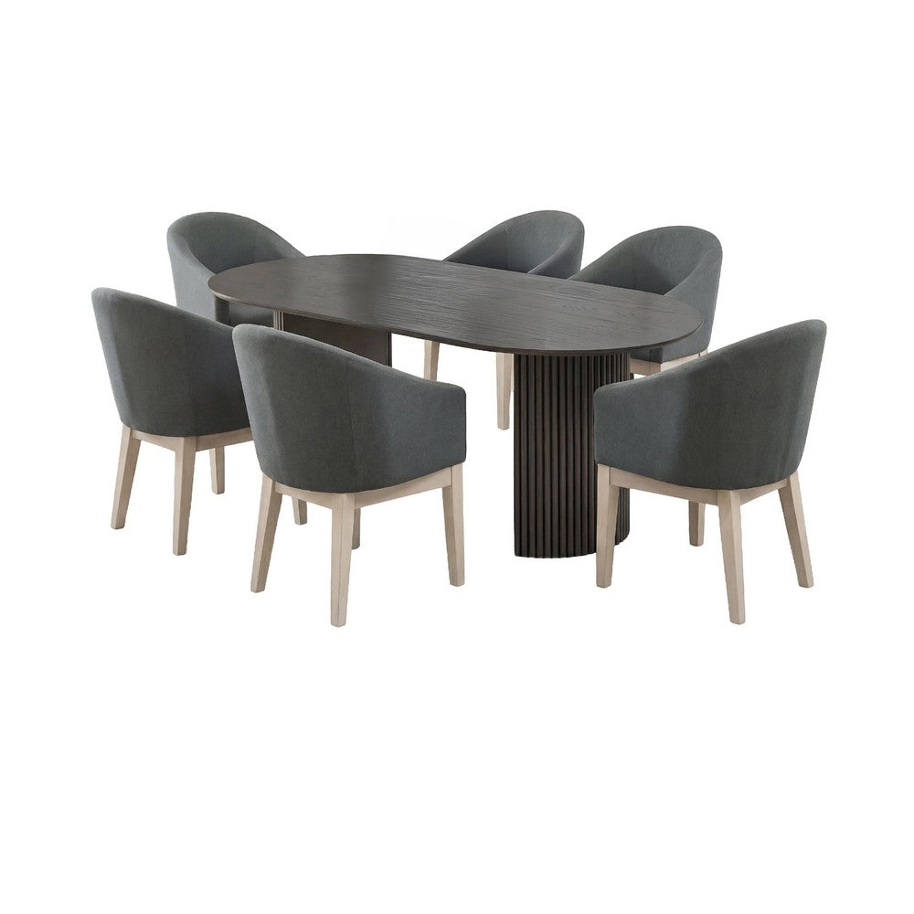 Beny 7pc Oval Dining Table Set | Fluted Pedestal Base | Wood | Gray Fabric