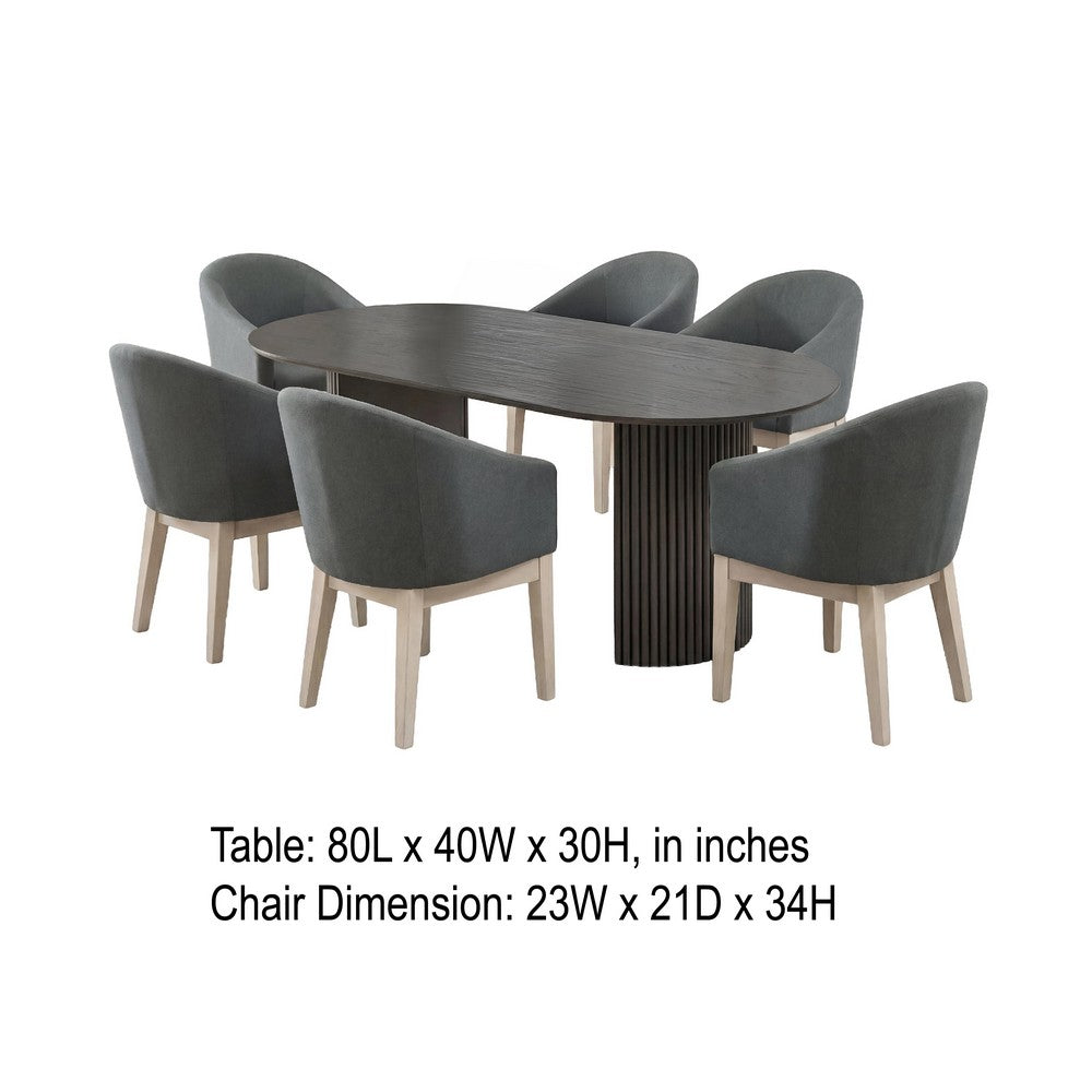Beny 7pc Oval Dining Table Set | Fluted Pedestal Base | Wood | Gray Fabric